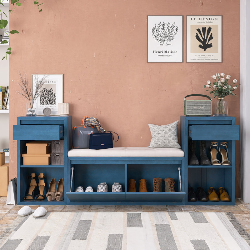 77.5" Width Shoe Storage Bench with Cushion for Entryway/Hallway/Mudroom/Living Room, Antique Navy