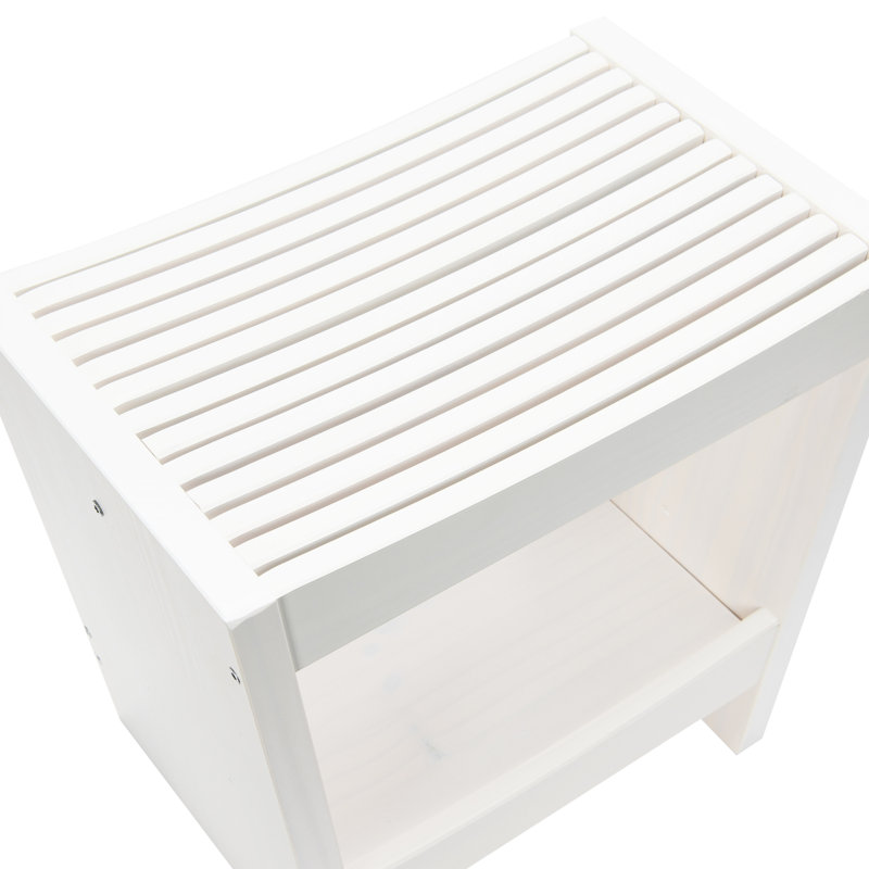 Modern Slatted Solid Wood Stool With Storage Shelf, White
