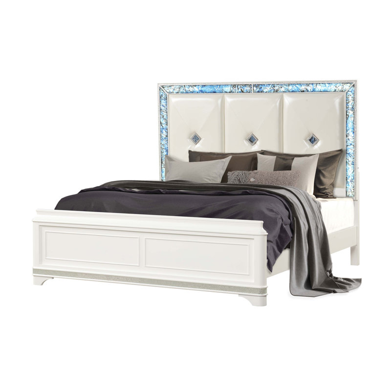 Grand lit tapissier Laguna de style moderne en bois, lumières DEL et décorations en cristal, Grand lit