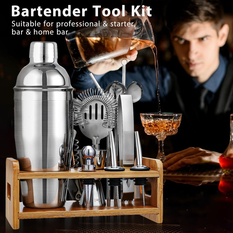 Cocktail Shaker Set Bartender Kit, 15Pcs Bartender Shaker Set, 304 Stainless Steel Martini Shaker And Strainer, 550Ml /19OZ Bar Tool Set With Bamboo Stand, Recipe Book, For Home And Bar