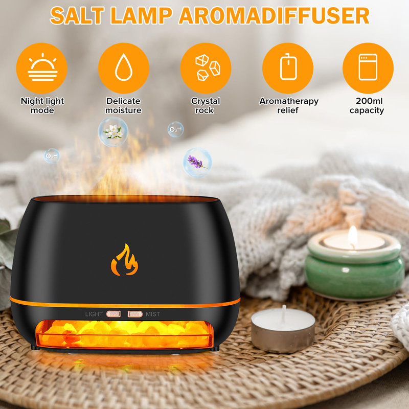 3-in-1 Himalayan Salt Rock Diffuser, Ultrasonic Essential Oil, Simulation Flame, 7 Colour Changing, 200ml Black Aroma Diffuser