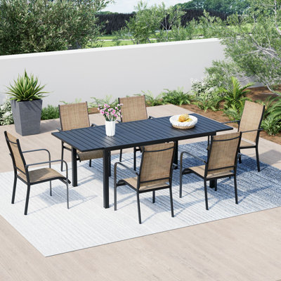 7 Piece Patio Expandable Table Dining Set, Outdoor Dining Table And Chairs Set For 4 To 8, 6 Textilene Chairs, 1 Iron Expandable Dining Table, Patio F by EROMMY