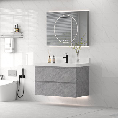 Meuble-lavabo flottant moderne de 36 pouces avec comptoir en marbre d'ingénierie, lavabo en céramique, dosseret, tiroirs à fermeture en douceur et poignée cachée