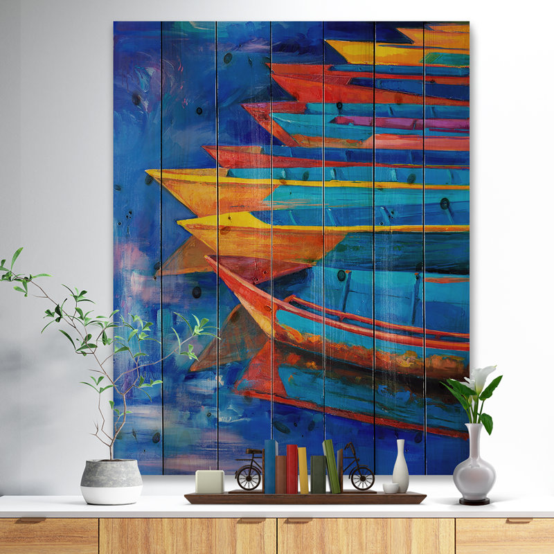 «Boat and Jetty at Pier», peinture, H 40 po x l 30 po x P 1,5 po, Bois
