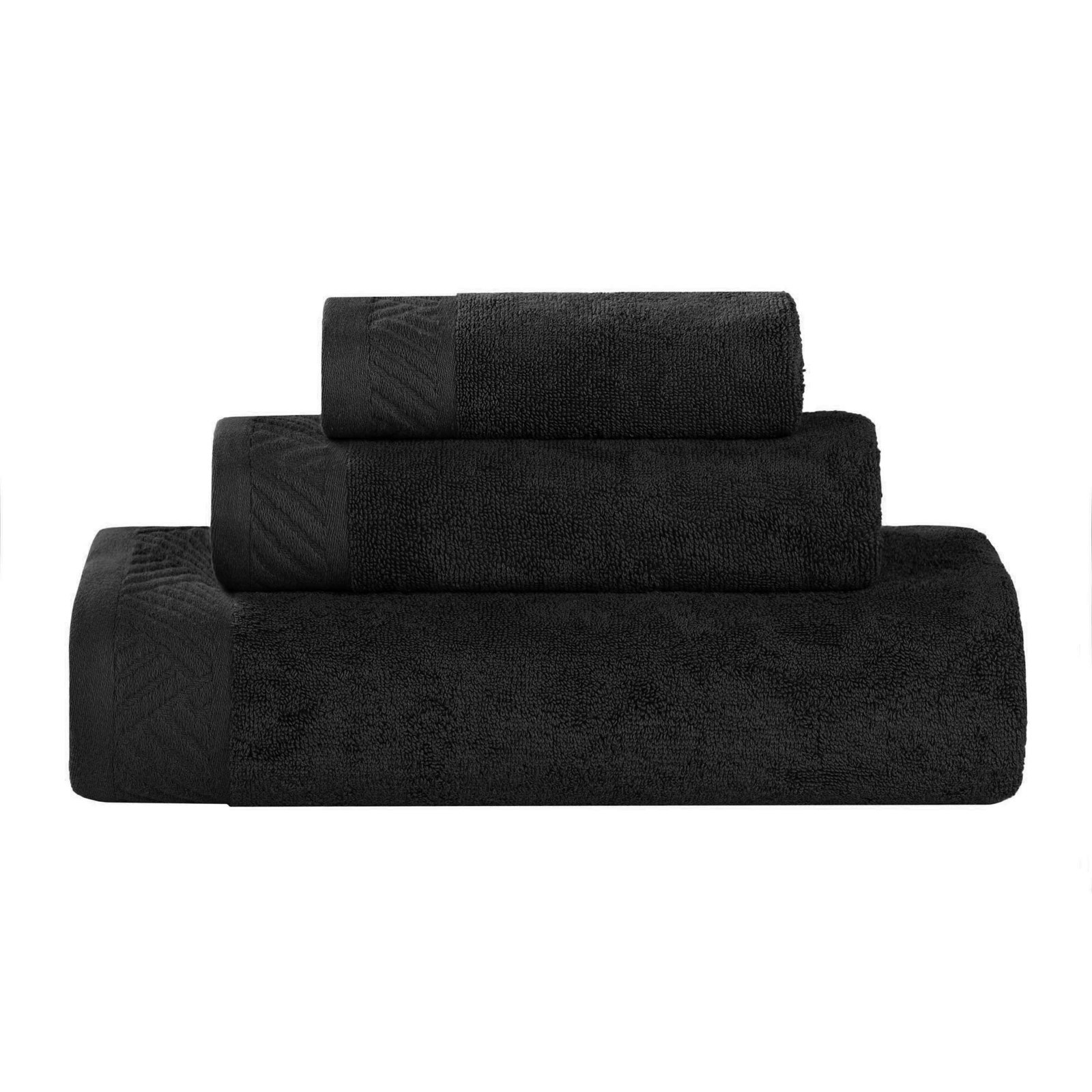 Olender Certified Egyptian Cotton Medium Weight Textured Soft Absorbent Solid 3 Piece Assorted Bathroom Towel Set, Black