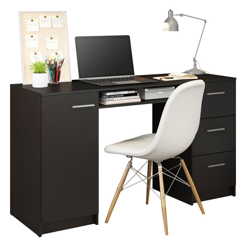 Bureau d'ordinateur avec 3 tiroirs, 1 porte et 1 tablette de rangement, bureau avec tiroirs, Noir