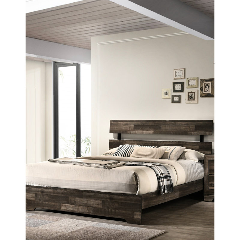 Lit très grand rustique brun rustique avec cadre en bois, tête de lit à lattes, dans une boîte, Très grand lit