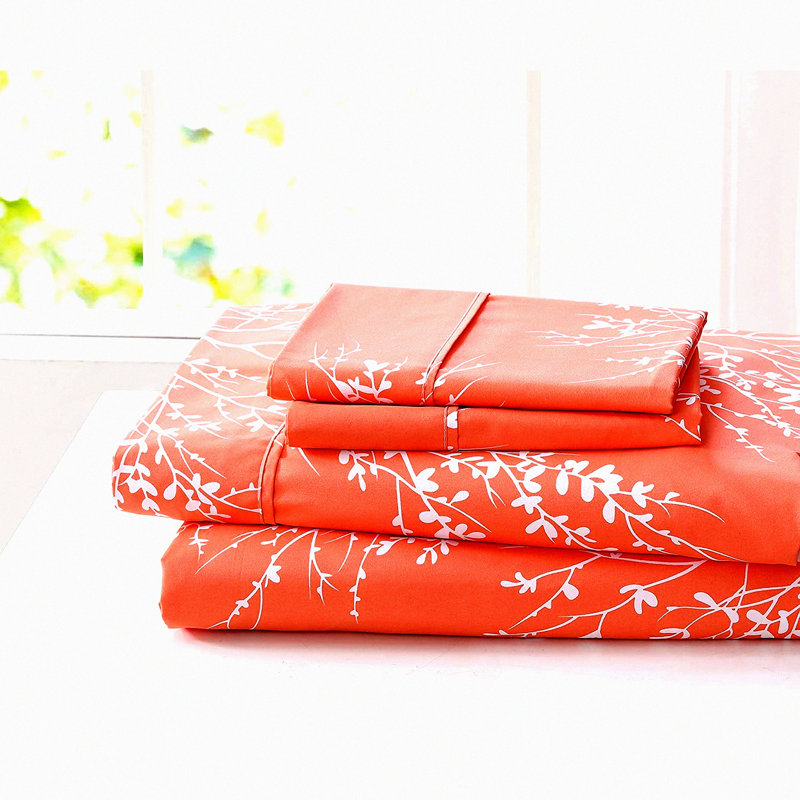 LuxurySoft Queen Size Microfiber Foliage Bed Sheets - 4 Piece Set, Soft Polyester Sheets for All Seasons in Coral - Queen Size Sheets