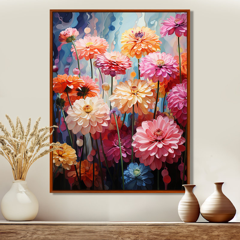 Reproduction d'art sur toile Zinnias, H 20 po x l 12 po x P 1 po, Cadre flottant brun