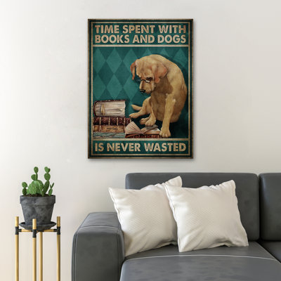 Dog With Glasses Reading Books - Time Spent With Books And Dogs… Gallery Wrapped Canvas - Reading And Pet Illustration Decor, Blue And Brown Living Room Decor