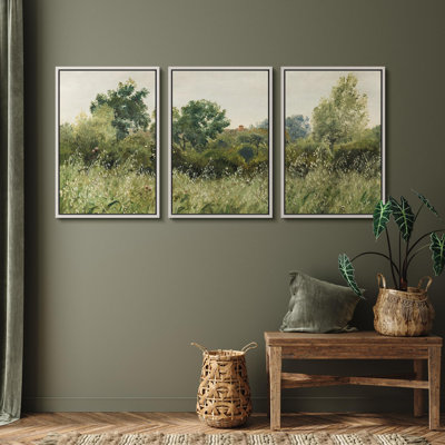 Rural Landscape " Bucolic Wildflower Meadow Rustic Nature Scene Nature Landscape Vintage Classic Rustic Art Decor " 3 - Pieces