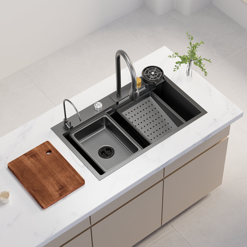 Black Stainless Steel Single Bowl Drop-in Kitchen Sink With Waterfall Faucet, Pull-down Sprayer And Built-in Workstation (29.5 X 17.7 Inch)