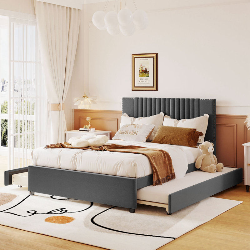 Lit plateforme tapissier double avec 2 tiroirs et 1 lit gigogne simple, Gris