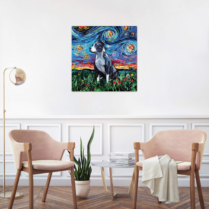 Pitbull Night by Aja Trier - Painting on Canvas, 30.48 cm H x 30.48 cm W, Wrapped Canvas