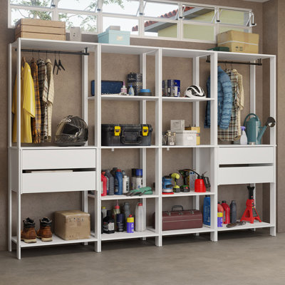 Garage Storage Rack with 4 Drawers, Open Shelves and Hanging Spaces 102"L Multiuse Modular Organization Cabinet for Tools - White