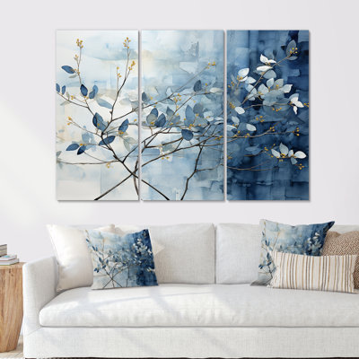 Blue And Grey Leave On Branch I - Leaves Canvas Wall Art Set