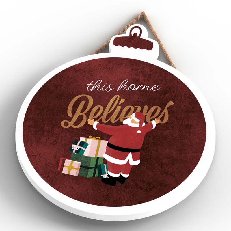 Xmas This Home Believes Santa Wooden Bauble Plaque