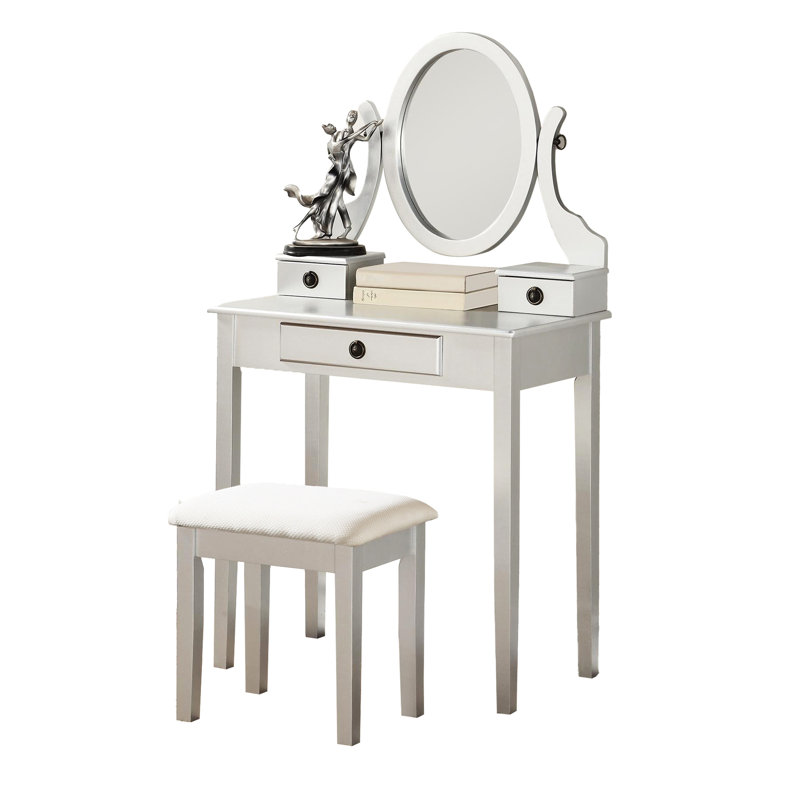 Wood Makeup Vanity In Silver Finish - 3 Storage Drawers, Adjustable Oval Mirror, Bedroom Furniture Table And Stool Wood, Drawer Storage, Mirror For Daily Beauty Routine