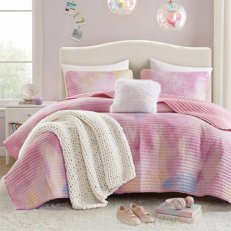 Ensemble de courtepointe à motif de teinture à l'aquarelle 4 pièces pour grand / double avec coussin décoratif, rose, Rose