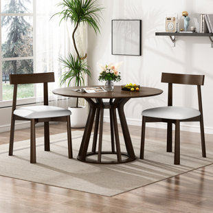 Solid Wood Dining Chairs Set of 2 with Curved Backrest, Mid-Century Modern Faux Leather Kitchen Side Chairs, Low Back Armless Minimalist Dining Furniture