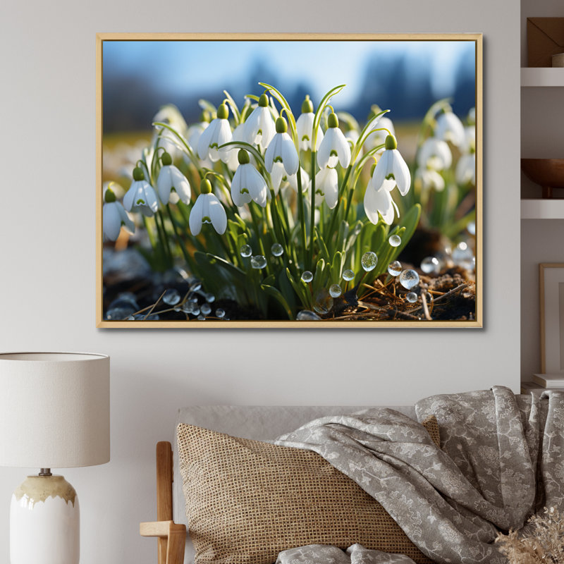 White Green Snowdrops Field III - Floral Wall Decor, H 12 po x l 20 po x P 1 po, Cadre naturel flottant