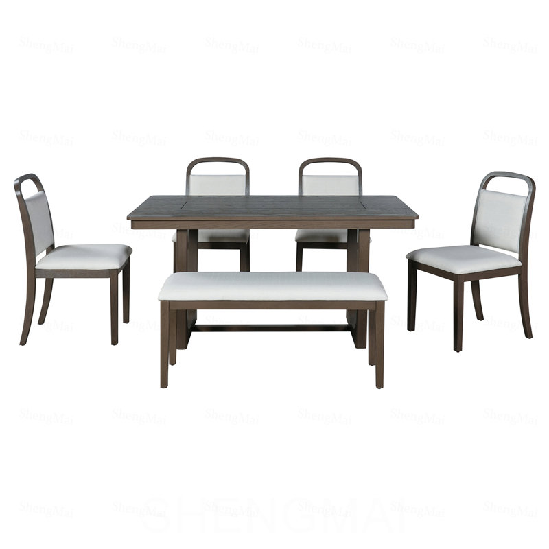 Ensemble de table de salle à manger 6 pièces, table de cuisine de ferme avec 4 chaises rembourrées et 1 banc, sièges pour 6, ensemble de salle à manger rectangulaire pour la salle à manger, cuisine