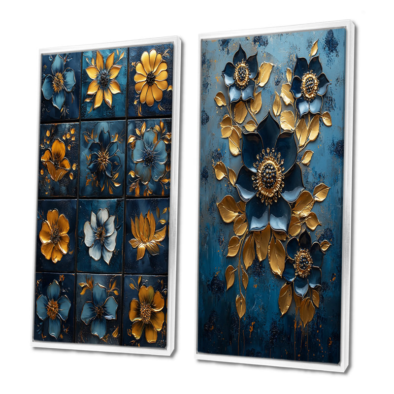 Ensemble de 2 pièces de coquelicots bleues du Rajasthan royal I - Poppies, H 40 po x l 40 po, Cadre flottant blanc
