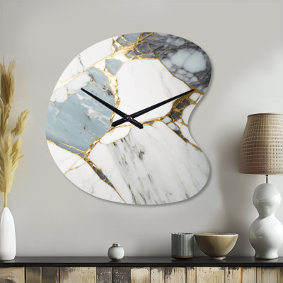 Abstract Geode Gold And White Marble I - Marble Unique Shape Metal Wall Clock, Modern Asymmetrical Wall Clock Print