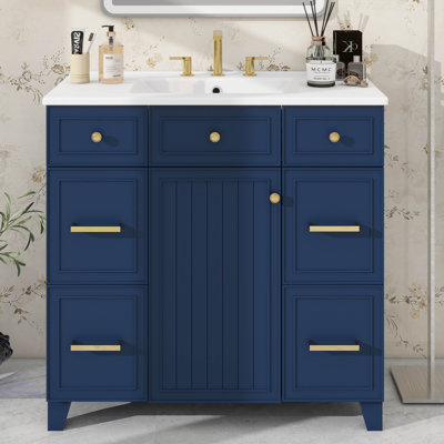 Ensemble de meuble-lavabo 36 po avec lavabo 36 po, meuble-lavabo moderne avec 3 tiroirs et portes à fermeture en douceur, armoire de salle de bain en bois massif avec lavabo encastré en céramique