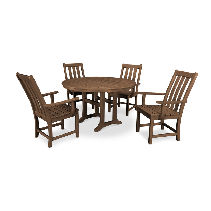 POLYWOOD Vineyard 5-Piece Round Dining Set with Trestle Legs, Teak