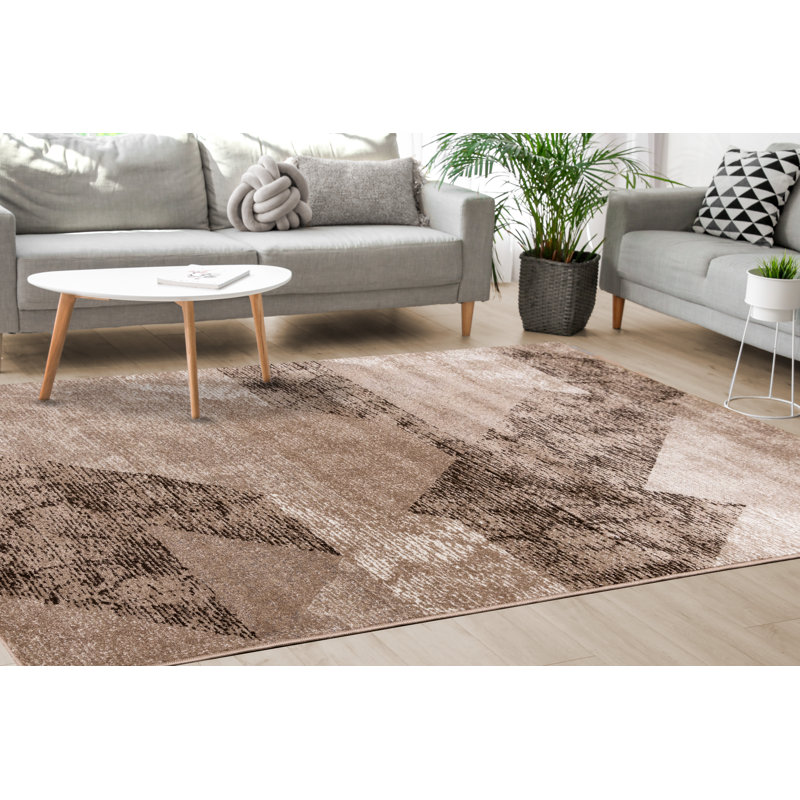 Tapis crème à motif géométrique beige et brun à poils courts, Rectangle 5 pi 3 po x 7 pi 7 po