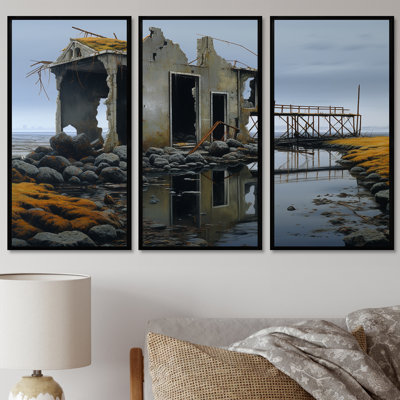 Deserted Country House Ruin Grey Nostalgia - Landscape Wall Art Decor Set