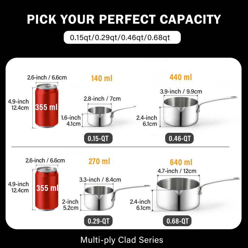 Réchaud à beurre multi-plis standard de 0,46 pte de Cooks, petite casserole en acier inoxydable, mini fondant au lait au chocolat avec bec verseur, casserole de 440 ml idéale pour les chefs, les baristas