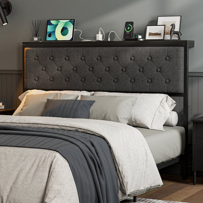 Tête de lit avec rangement et station de charge, tête de lit rembourrée avec adaptateur pour supports de cadre de lit, conception capitonnée, assemblage facile