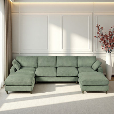 Canapé modulaire moderne en velours côtelé, ensemble de canapé en L convertible en forme de U avec coussin, canapé modulaire surdimensionné avec repose-pieds, convient au salon, au grenier, à un appartement, à 6 sièges vert olive