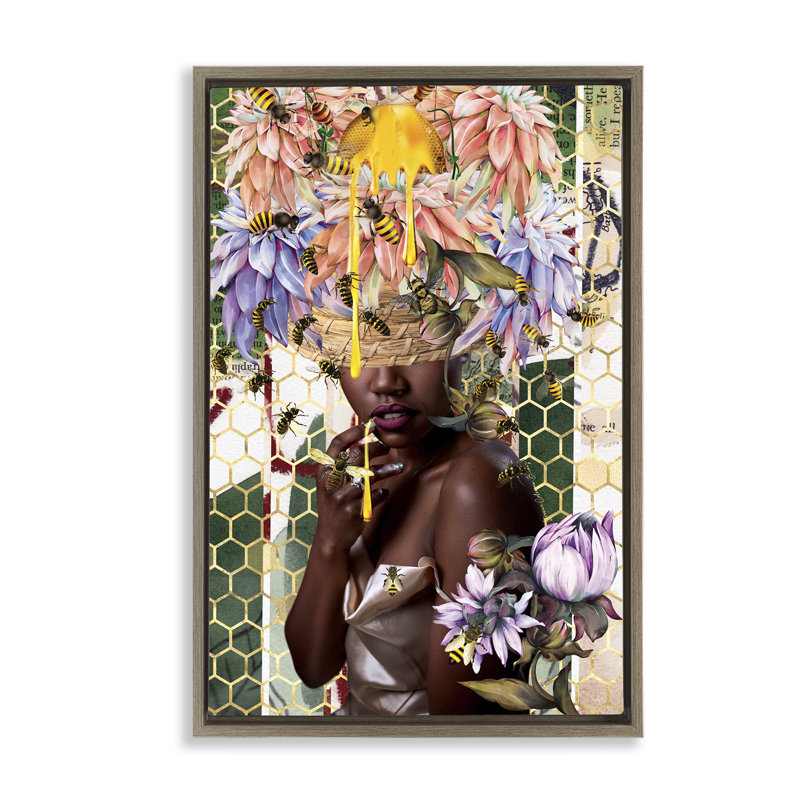 Toile flottante encadrée «Glam & Honeycomb Queen Bee Brown» par Yvonne Coleman Burney, H 25 po x l 17 po