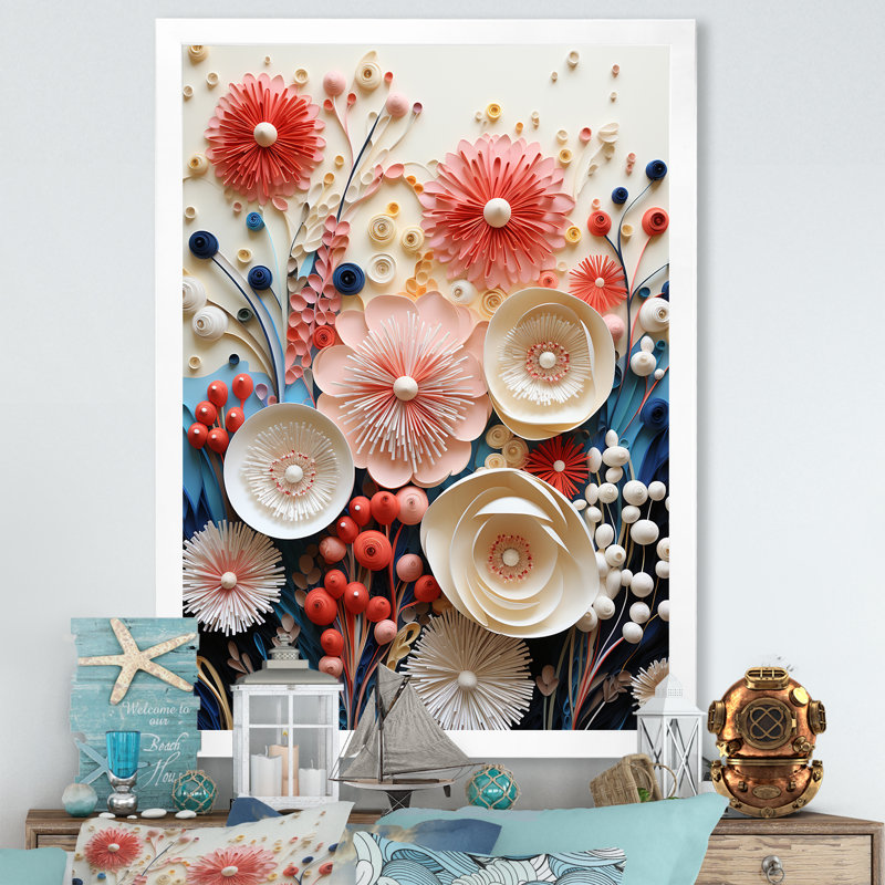 Fleurs de corail abstraites rouges et blanches - reproduction sur toile, Cadre simple blanc, H 20 po x l 12 po x P 1 po