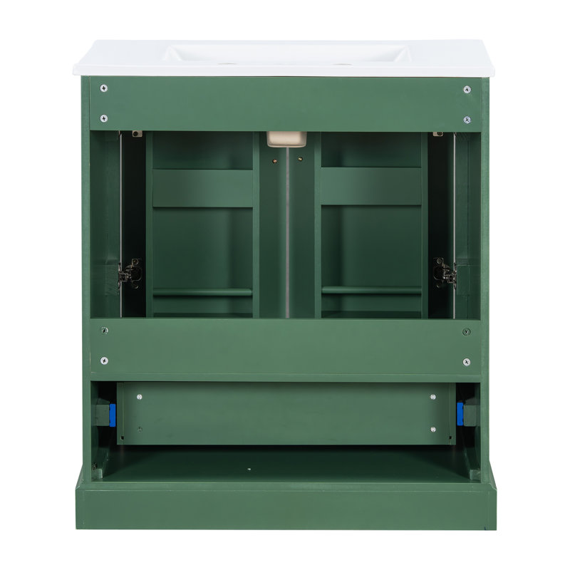 Meuble-lavabo autoportant avec lavabo - panneau de fibres à densité moyenne et cadre en bois massif, 1 tiroir de séparation et 2 portes à fermeture en douceur