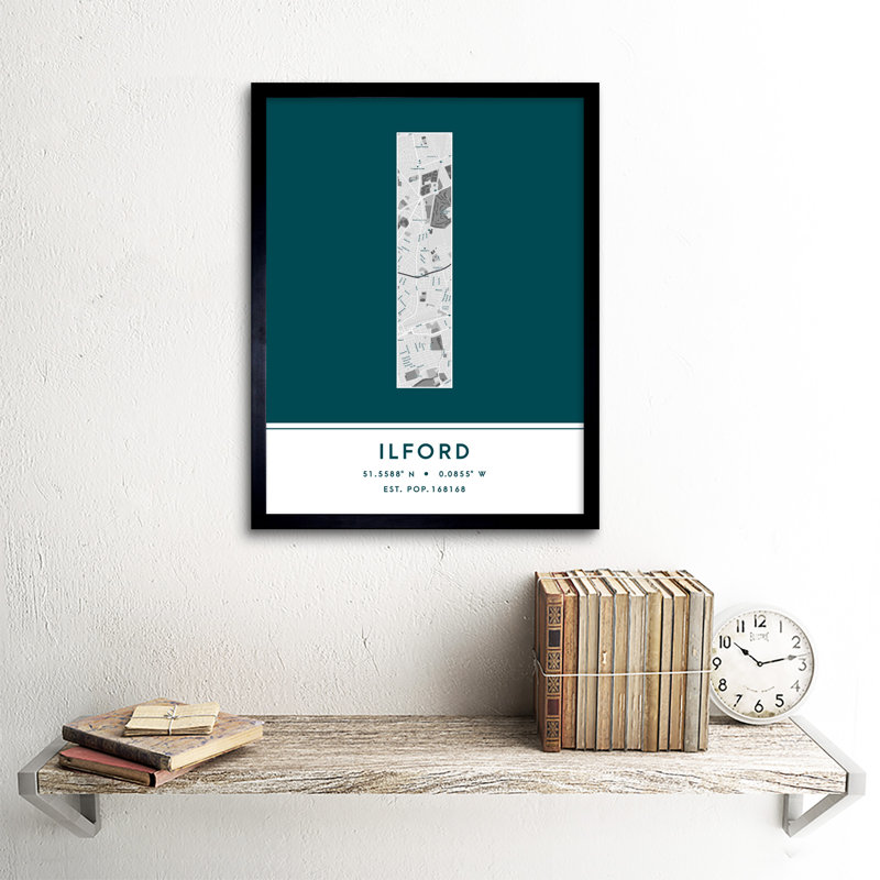 Ilford City Map Ilford Teal - Single Picture Frame Typography
