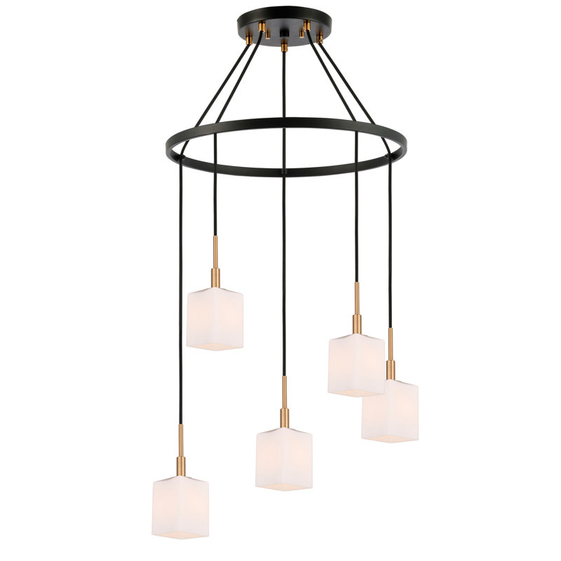 Luminaire suspendu rectangulaire 5 lumières grappe Thiede, Laiton / Bronze, Halogène