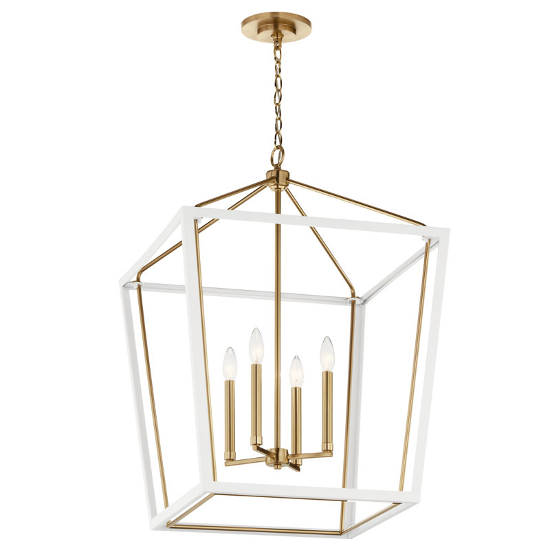 Luminaire suspendu de style lanterne à 4 lumières Delvin, Blanc / bronze champagne, H 31,75 po x l 22,25 po x P 22,25 po