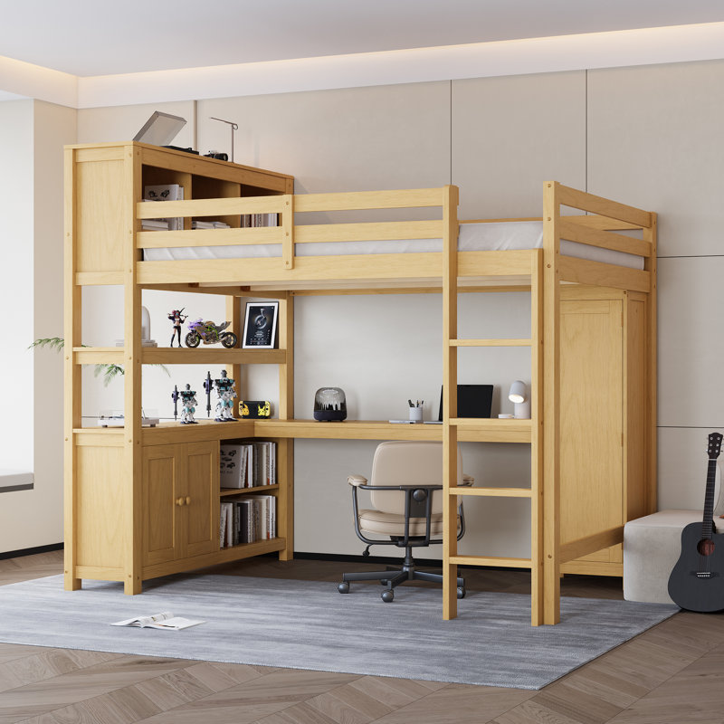 Queen Size Loft Bed With Wardrobe, L-shaped Desk & Bookshelf – All-in-one Space-saving Loft Bed For Teens, Kids, And Small Bedrooms