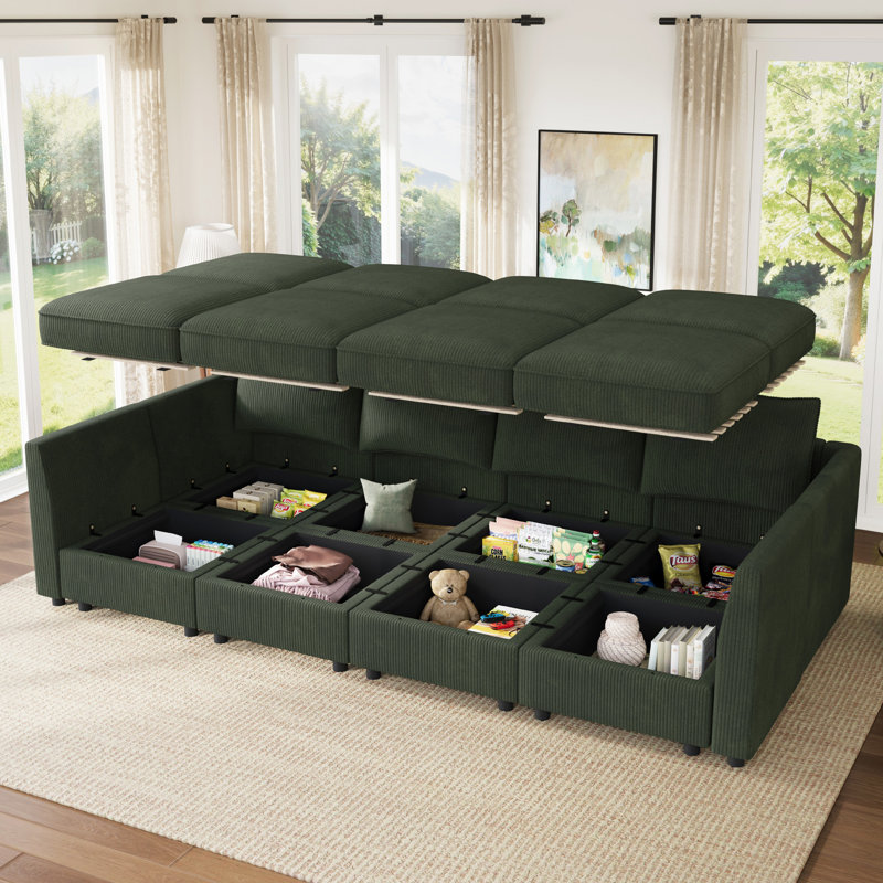 Canapé-lit modulaire en forme de U avec rangement Tremee - vert, Velours côtelé vert