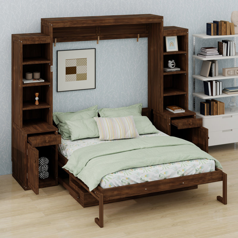 Lit escamotable avec bureau, armoires et tiroirs de rangement, lit escamotable en bois avec tablettes, convertible en armoire
