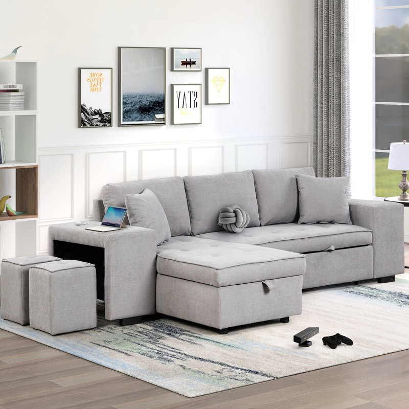 Canapé modulaire réversible en L de 104,5 po à 3 places avec méridienne de rangement et 2 tabourets pour le salon, lit gris