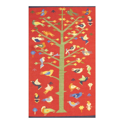 Tapis rouge / vert / bleu en laine et en coton sans motif à la main 6 pi x 9 pi