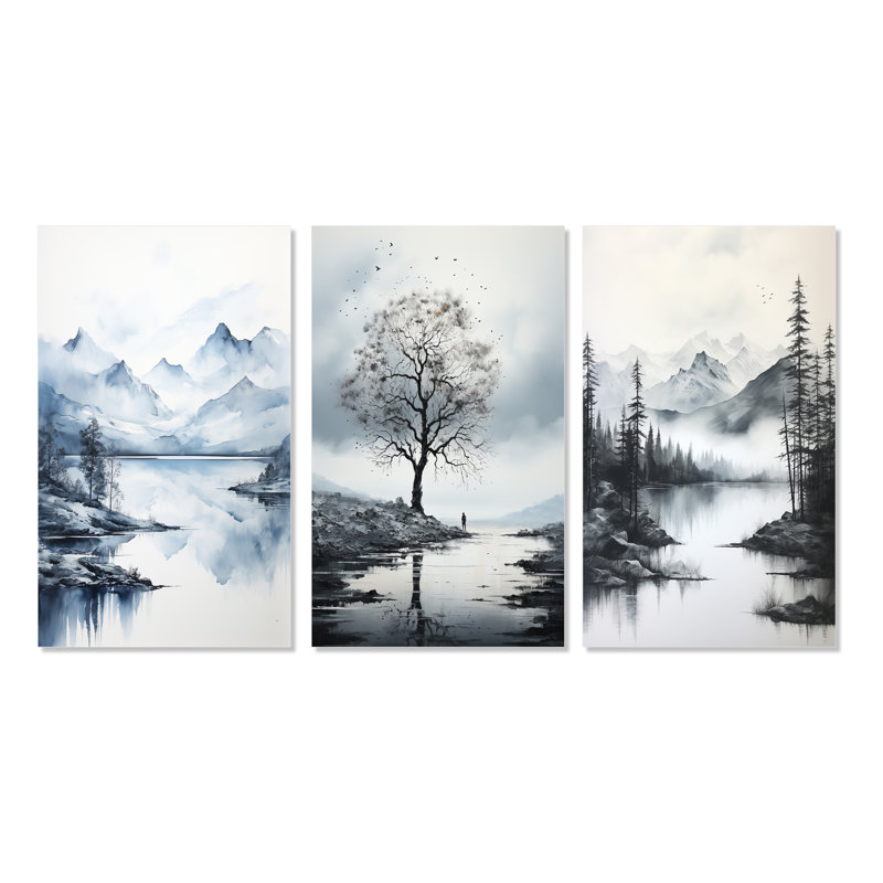 «Gray Blue Minimalisme Forest Reflections», 3 pièces, Toile tendue, H 32 po x l 48 po