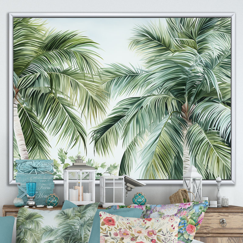 Palmiers sur la plage, impression sur toile, H 12 po x l 20 po x P 1 po, Cadre flottant blanc