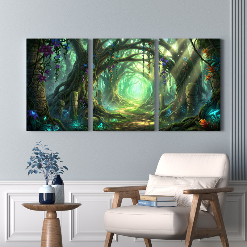 Ensemble de 3 tableaux sur toile « Chemin de forêt fantastique avec arbres et fleurs lumineux », 1624