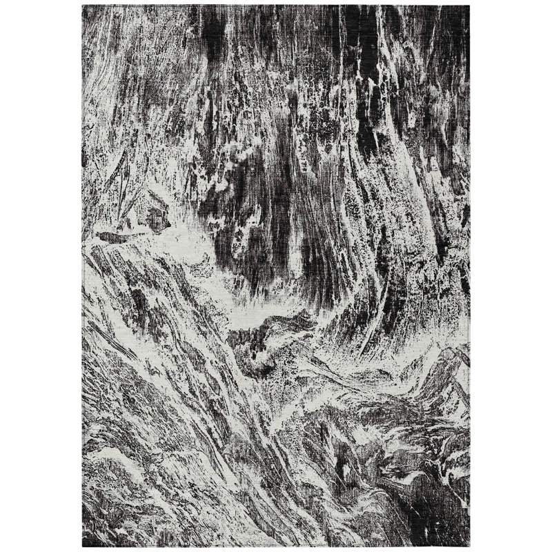 Black Abstract Synthetic Rectangular Washable Rug 3' x 5'